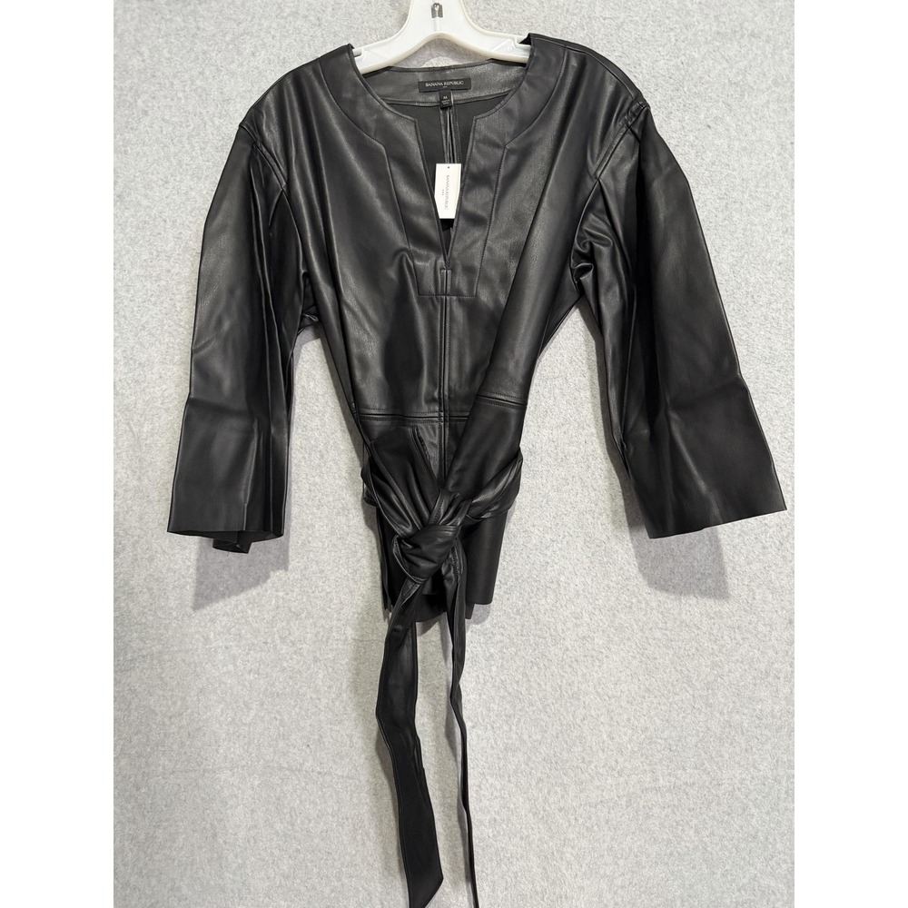 Banana Republic Blouse Womens M Black Faux Leather Belted 1/2 Zip Tunic Top